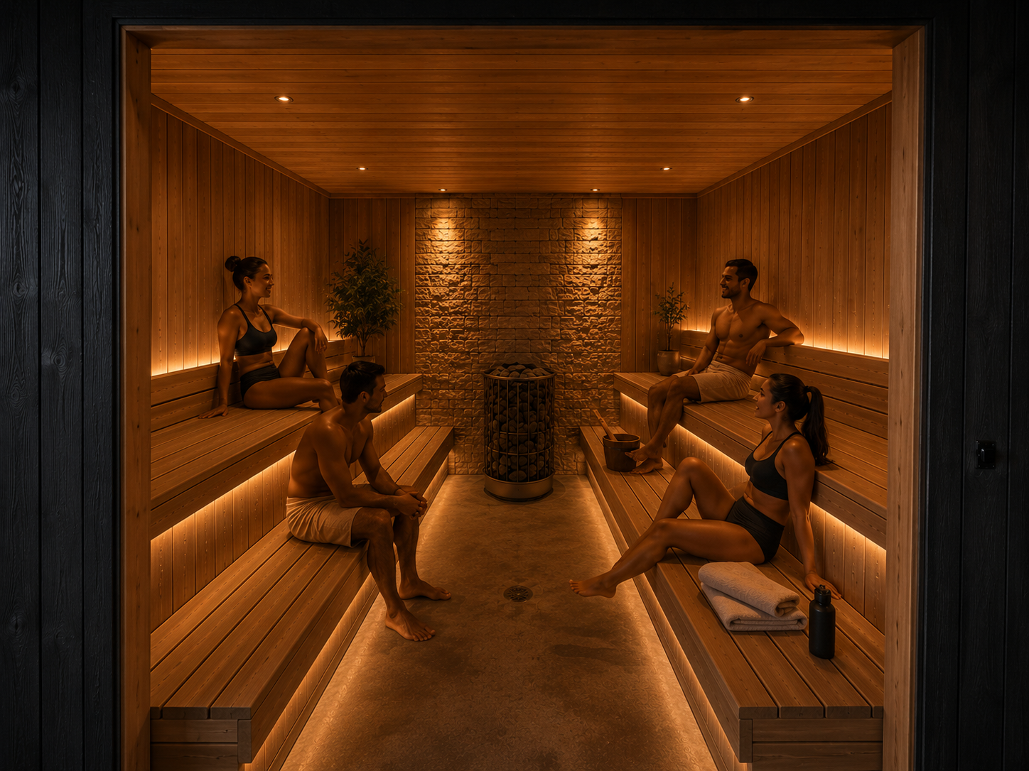 People relaxing together in the aspen sauna